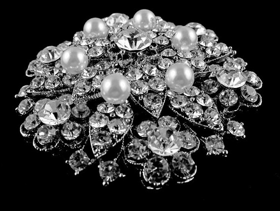 Mariage - Crystal Pearl Bridal Brooch, Flower Broach, Floral Dress Rhinestone Jewelry, NICOLE
