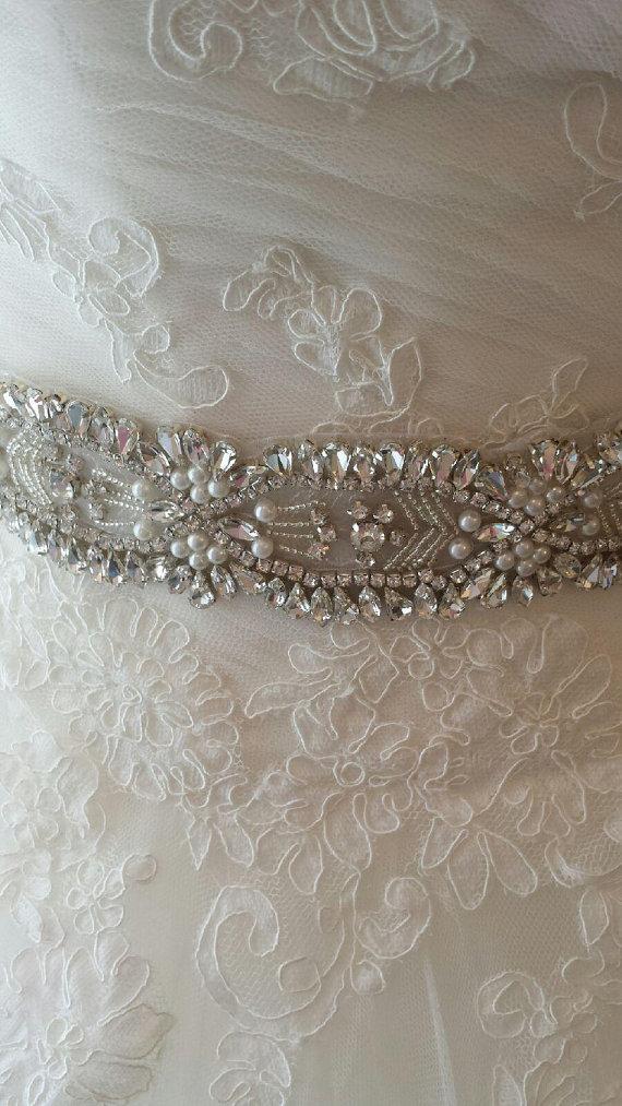 Hochzeit - Rhinestone Crystal, Pearl and Lux Satin Bridal Sash "The Cinderella"