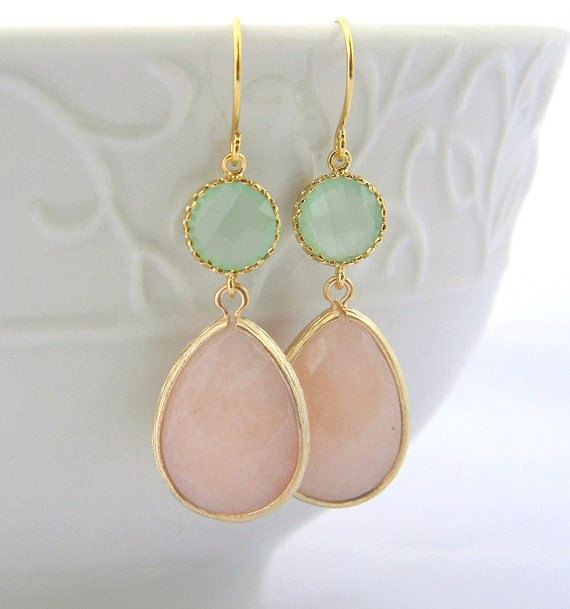 Свадьба - Peach and Mint Earrings Trimmed in Gold-Drop Earrings-Bridesmaid Gift- Wedding Earrings-Dangle Earrings-Peach Mint Jewelry Gift
