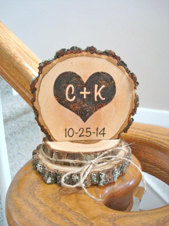 Hochzeit - Rustic Wedding Cake Topper Wood Burned Heart Personalized Romantic Country
