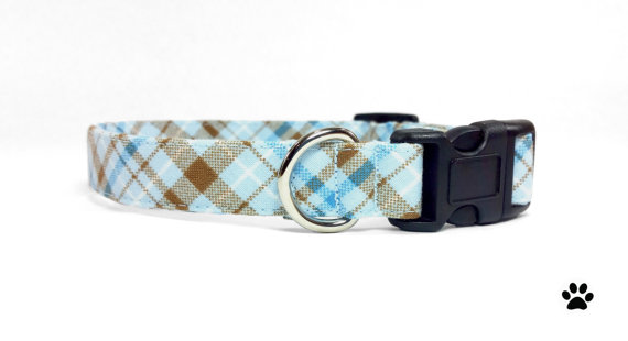 زفاف - Blue and brown tartan plaid - pet collar, dog collar, cat collar