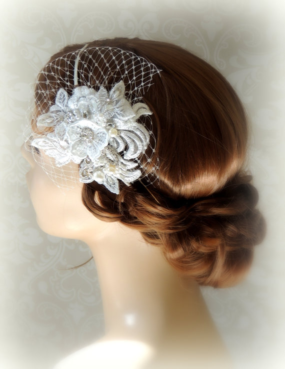 Hochzeit - Bridal Hair accessories, Wedding Headband with birdcage veil,Wedding birdcage veil,Lace Birdcage Veil