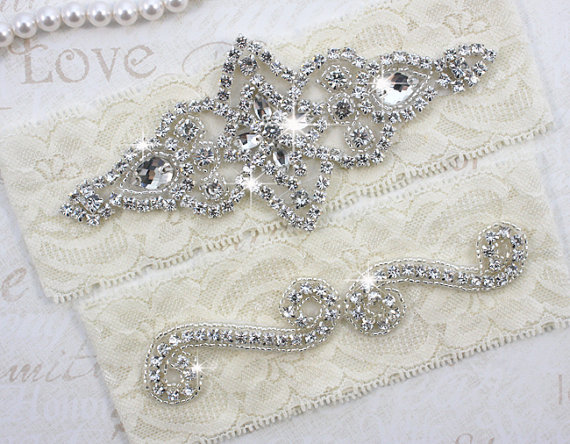 Hochzeit - CHLOE - Wedding Garter Set, Wedding Ivory Stretch Lace Garter, Rhinestone Crystal Bridal Garters