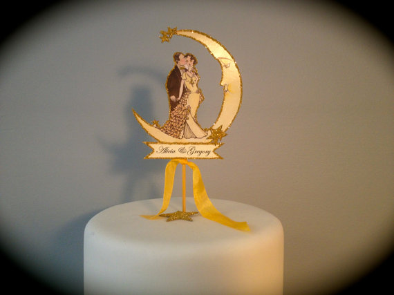 Wedding - Wedding Cake Topper -Small Size- Crescent Moon- Brides Magazine - Custom Banner - Gold Glitter