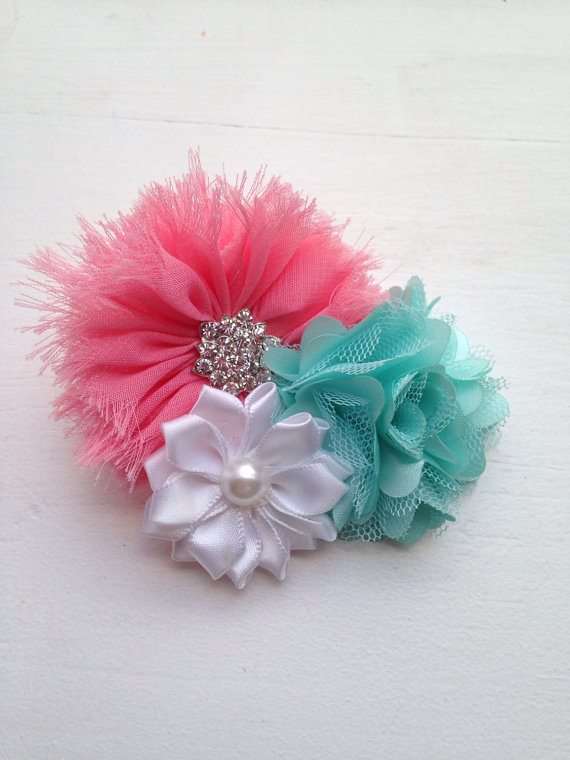 Hochzeit - Coral mint Clip coral white mint flowers on hair clip toddler baby teen women flower hair accessory wedding girl birthday gift present