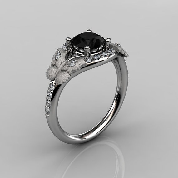 Wedding - Nature Inspired 10K White Gold 1.0 CT Black Diamond Butterfly and Vine Engagement Ring, Wedding Ring NN117S-10KWGDCHD