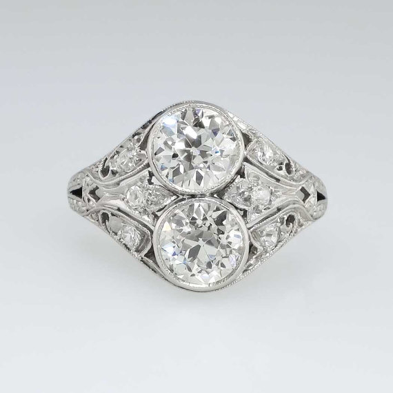 زفاف - Edwardian Toi Et Moi 1.85ctw Old European Cut Diamond Engagement Ring Platinum