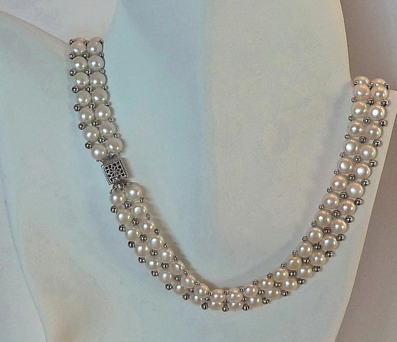 زفاف - Vintage Sterling Silver And Lustrous White Fresh Water Pearl Hand Strung Double Row Necklace Bridal Jewelry Wedding Formal