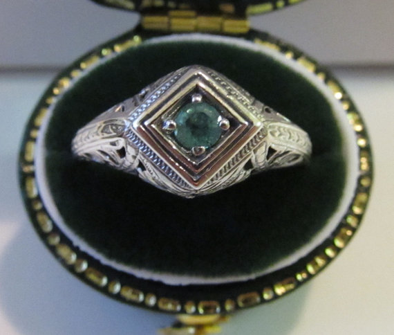 Wedding - Natural Emerald Sterling Silver Filigree Engagement Ring Size 7/ Vintage Art Deco Style