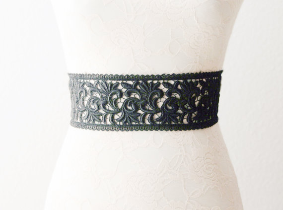 Hochzeit - Bridal Sash Belt - Couture Black Embroidery Lace Flower Wedding Dress Belts Sashes