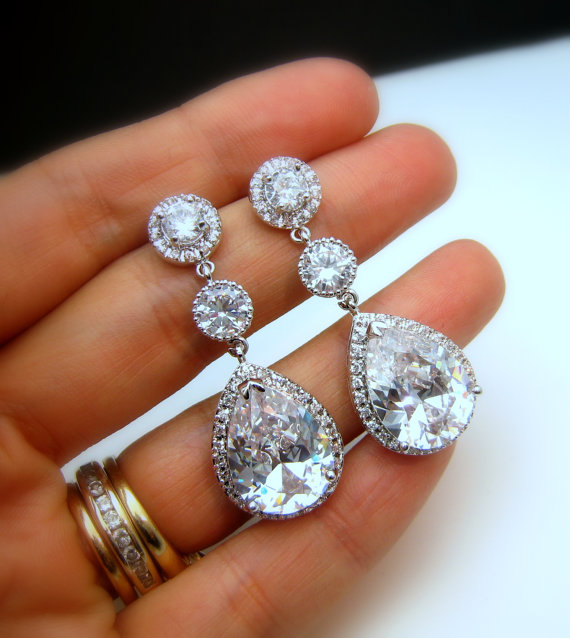 زفاف - Bridal earrings wedding earrings bridal jewelry wedding jewelry clear white teardrop cubic zirconia round cz post