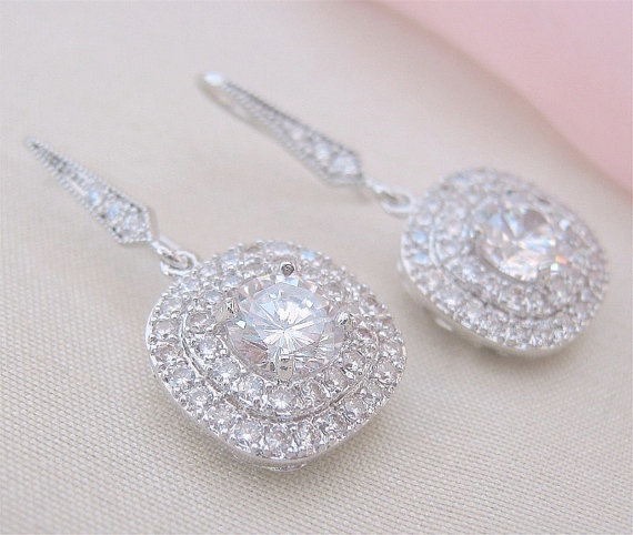 زفاف - Crystal Bridal Earrings Square Crystal Earrings Cushion Cut Earrings Princess Bridal Earings Halo Earrings Wedding Jewelry Bridal Jewelry