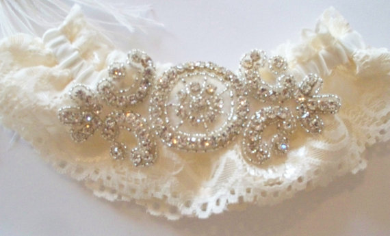 Hochzeit - Wedding Garter in Ivory Lace with Rhinestone Detail - The RACHEL Garter