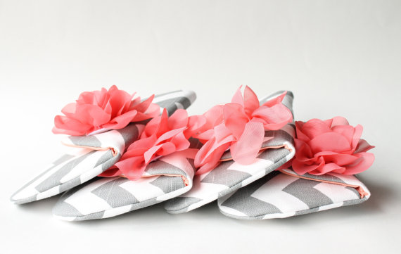 Wedding - Bridesmaid Clutch Set of 6, Coral and Gray Chevron Wedding Clutches with Flower Bow, CUSTOM COLORS