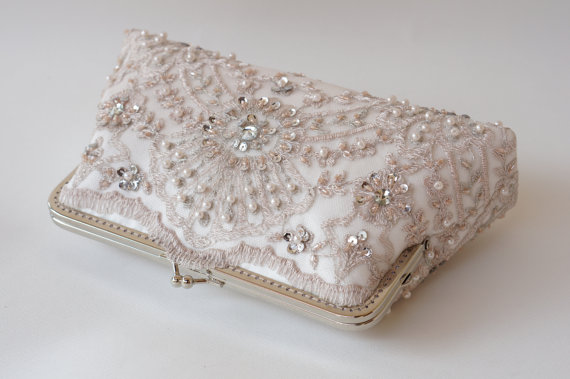 Hochzeit - Elegant wedding clutch / Lace Silk Clutch in Light Pink/ Vintage inspired / wedding bag / bridesmaid clutch / Bridal clutch