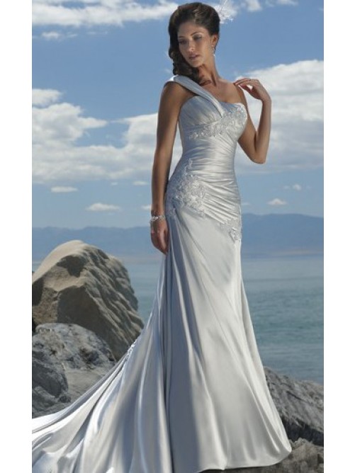 Свадьба - Mermaid One Shoulder Sweep/Brush Train Elastic Woven Satin Wedding Dress