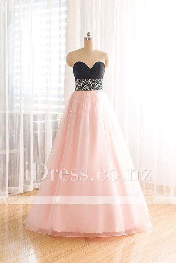Hochzeit - Two Tone Strapless Sweetheart Beaded Pink Skirt Ball Gown Prom Dress