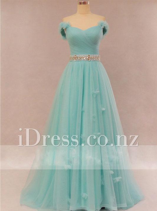 Hochzeit - Flower Strap Sweetheart Ball Gown Petal Mint Green Long Prom Dress