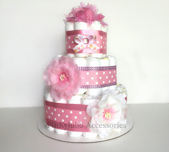 Hochzeit - 3 tier pink diaper cake Baby Shower Gift / Baby Shower Centerpiece