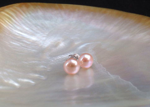 زفاف - 7mm Natural Pink Color AAA Genuine Pearl Earrings, Genuine Pearl Studs, Genuine Pearl Earrings, Genuine Pearl Stud Earrings, 925 Silver Post from ADARNA GALLERY