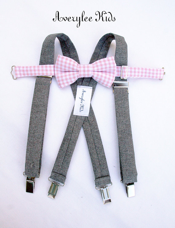 Wedding Suspenders For Boys, Grey Suspender And Blush Pink Bow Tie Set