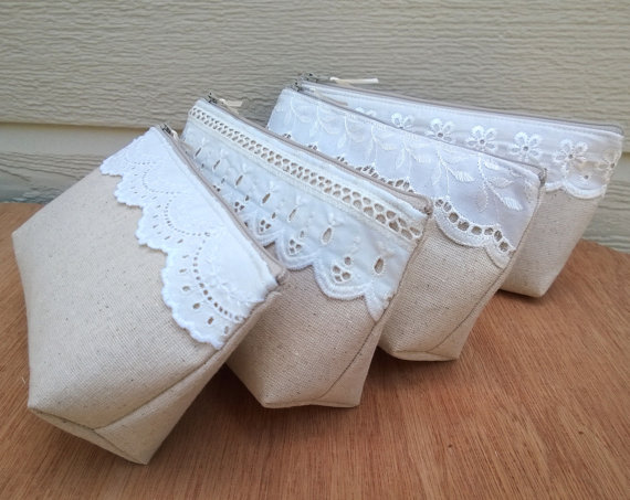 Mariage - Bridesmaid Clutches, Lace Clutches, Ivory, Linen, Bridesmaids Gift, Lace Wedding - Set of 5