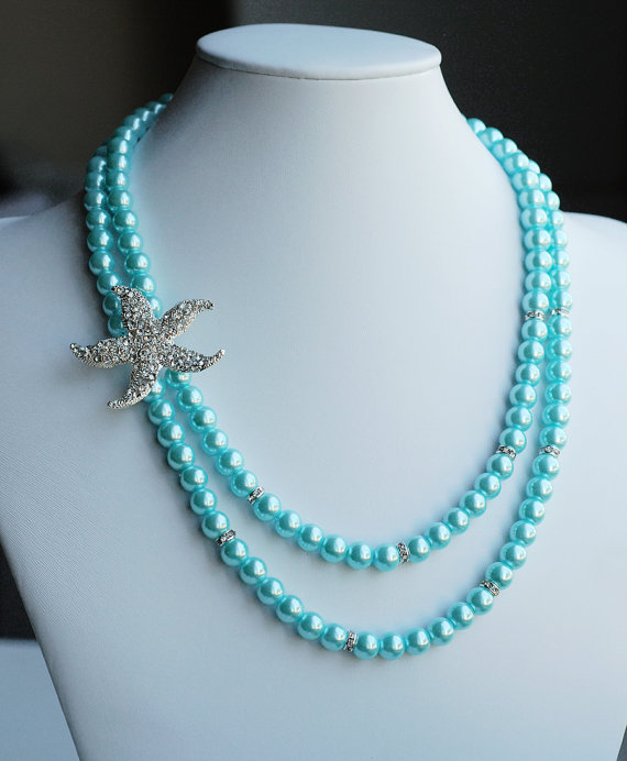 Hochzeit - Bridal Pearl Rhinestone Necklace Crystal Beach Wedding Jewelry STARFISH Something Blue Teal Blue Turquoise Aqua Blue NK045LX