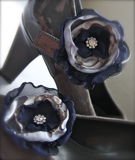 Wedding - Flower Shoe Clips, Navy Blue and Gray vintage style rhinestone organza, custom wedding colors