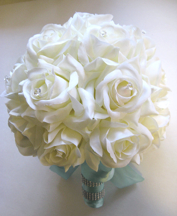 Mariage - Free Shipping 13 pcs Wedding Silk flower Bouquet Bridal Package CREAM Ivory TIFFANY BLUE Centerpieces RosesandDreams