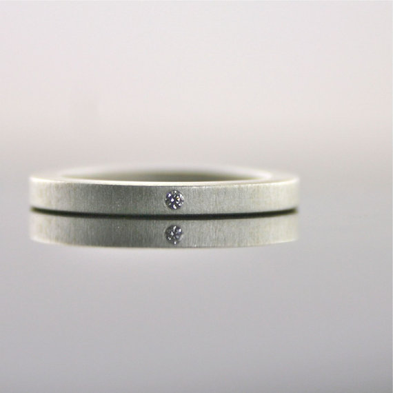 زفاف - Tiny Diamond Sterling Silver Ring, 2 mm Simple Engagement Ring with Matte Finish, Wedding Ring, Flush Set Diamond, Eco Friendly Artisan