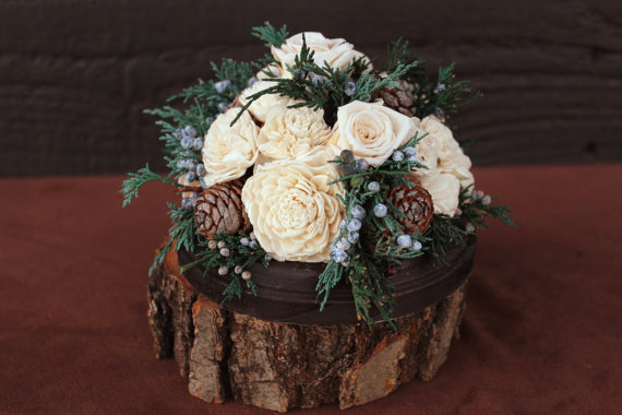 Wedding - Rustic Winter Rose Wedding Cake Topper, Woodland Rose Wedding, Pine Cone Cake Topper, Wedding Cake Decoration, Winter Sola Flower CakeTopper