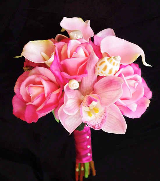 زفاف - Wedding Fuchsia Pink Natural Touch Roses, Orchids and Callas Seashell Silk Flower Bride Bouquet