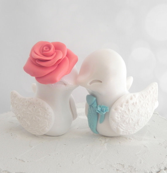 زفاف - Lovebird Wedding Cake Topper, Coral, Aqua and White,  Bride and Groom Keepsake, Custom Colors