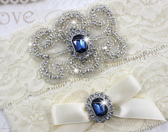 Wedding - SALE!! STACY II - Sapphire Blue Pearl Wedding Garter Set, Wedding Ivory Stretch Lace Garter, Rhinestone Crystal Bridal Garters