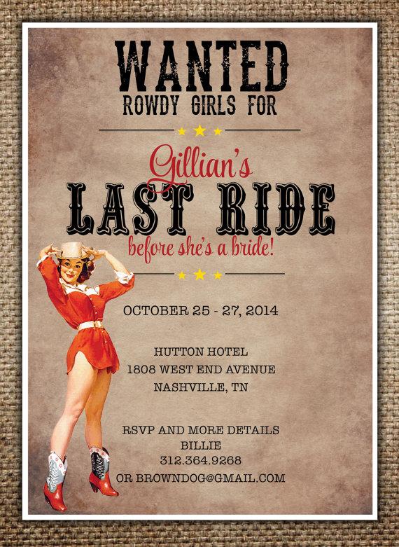 Hochzeit - Bachelorette Party/Hen's Night Invitation : Bride's Last Ride Country/Western Theme with Pin Up Cowgirl