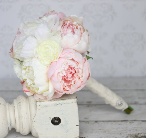 زفاف - Silk Bride Bouquet Peony Lace Rhinestone Charm