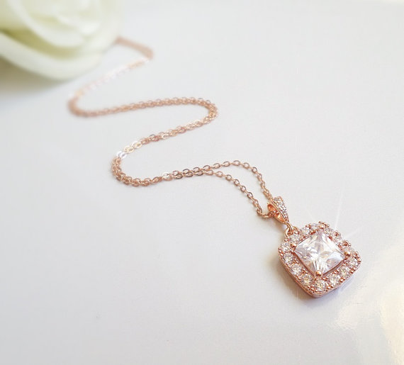 Свадьба - Rose Gold Princess Cut Cubic Zirconia Bridal Necklace Pink Gold Square CZ Bridal Necklace Emerald Cut Cz Bridal Necklace FREE US Shipping