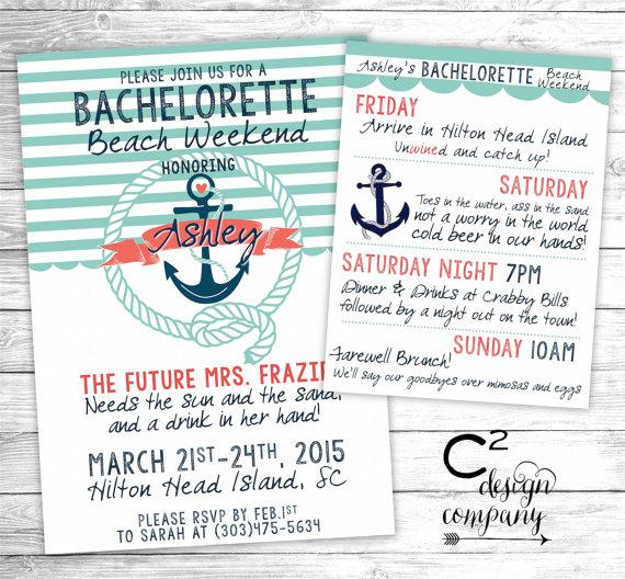 Wedding - Mint & Coral Nautical Bachelorette Beach Weekend Invitation With Itinerary
