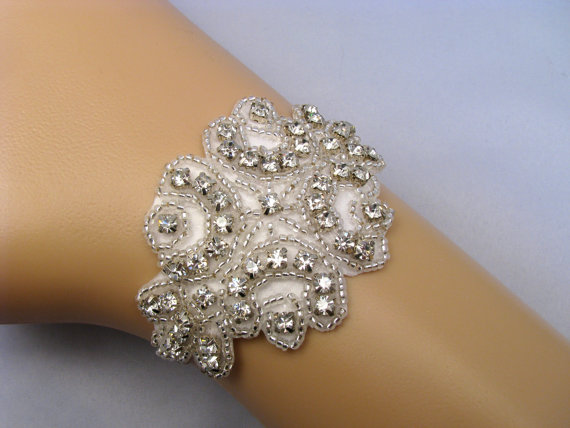 زفاف - Wedding Bracelet, Crystal Bridal Cuff, Rhinestone Ribbon Bracelet, Silver Wedding Jewelry, Jewellery, Ivory, White, Black / 35 Satin Colors