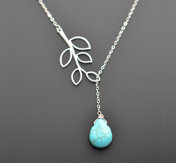 زفاف - SALE, Turquoise and branch silver lariat necklace - Bridal jewelry, Wedding necklace, Anniversary gift, Mother gift, Christmas Necklace