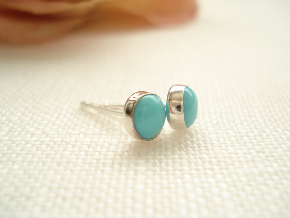 Hochzeit - Sterling silver tiny turquoise stud earrings...handmade bridal jewelry, bridesmaid gift, mothers, bridal party gift