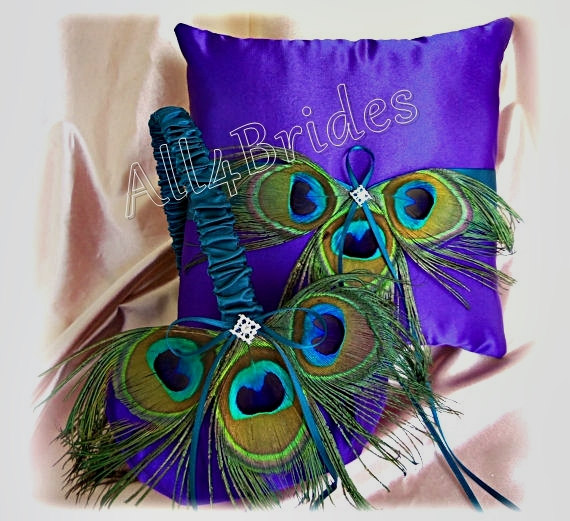 Свадьба - Peacock Wedding Ring Pillow and Basket - Teal and Purple - Ring Bearer Pillow  Flower Girl Basket - peacock ring cushion