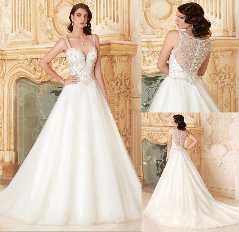 Wedding - 2015 New Arrival Hot Long Wedding Dresses A-Line Spaghetti Gorgeous Back Beads Crystal Pleats Chapel Train Custom Made Organza Bridal Gowns Online with $120.95/Piece on Hjklp88's Store 
