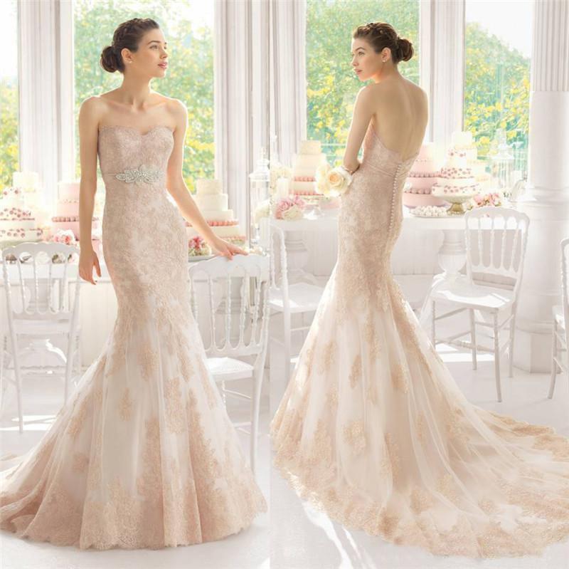 Mariage - Crystal Beads Sash Lace Mermaid Wedding Dress Gowns Sweetheart Neckline Low Bare Backless Applique Bridal Dresses Ruched Court Train 2015 Online with $133.04/Piece on Hjklp88's Store 