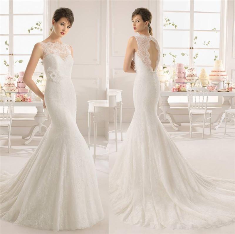 Wedding - 2015 New Collection Lace Beads Mermaid Wedding Gowns Sheer Bateau Neckline Bare Backless Applique Sash Ruched Chapel Train Bridal Dresses Online with $116.92/Piece on Hjklp88's Store 