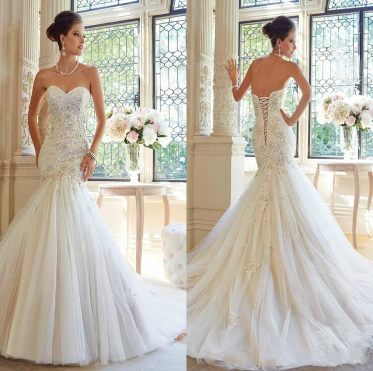 Wedding - 2015 Hot Sale Wedding Dresses Fashion 2014 Sweetheart White Train Tulle Appliqued Lace Tulle Mermaid Beads Sweep Sexy Garden Bridal Gown Online with $116.92/Piece on Hjklp88's Store 