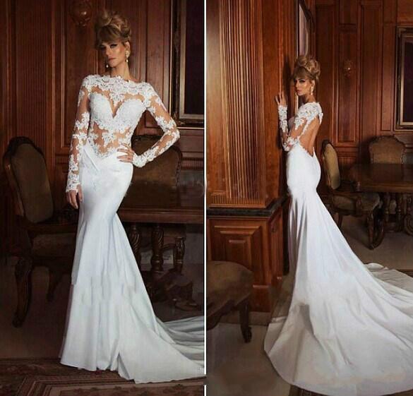 Hochzeit - 2015 New Arrival Wedding Dresses Illusion Sheer Applique Sexy Open Back Stain And Lace Long Sleeve Mermaid Bridal Gowns Dresses Online with $120.95/Piece on Hjklp88's Store 