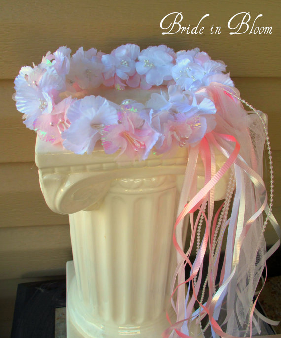 Свадьба - Flower girl wreath Wedding hair accessories pink white halo Floral crown
