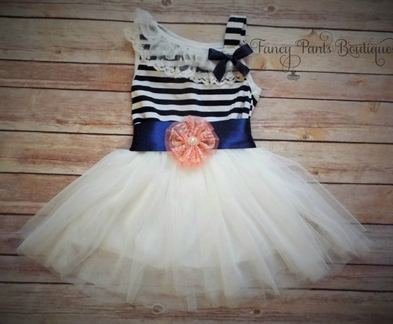 Mariage - Navy White Toddler dress,  Girls Tutu Dress, Vintage Girls Dress,  Flower Girl Dress, Easter Birthday Dress,Rustic Beach Wedding coral