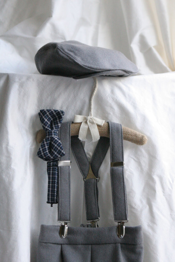 Mariage - Wool Boy set with Shorts, Bow Tie, Suspenders and Newsboy Hat ring bearer